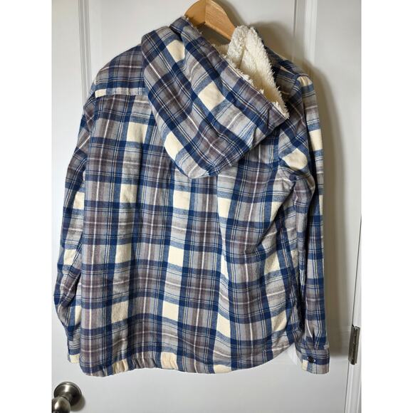 L.L. BEAN Women Scotch Plaid Flannel Shirt Sherpa-Lined Zip Hoodie Shacket SZ M - Picture 2 of 8